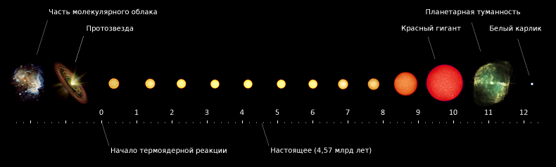 Жизненный цикл Солнца. Масштаб и цвета условны. Временная шкала в миллиардах лет (приблизительно)